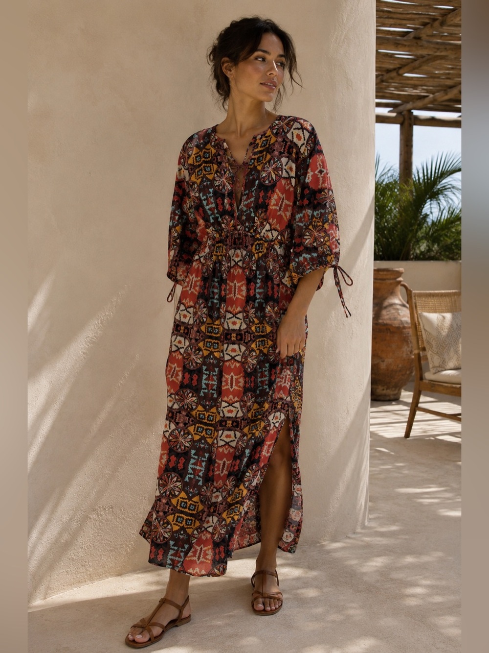 M&S Collection Pure Cotton Printed Kimono Midaxi Dress Size 10 - Picture 2 of 7